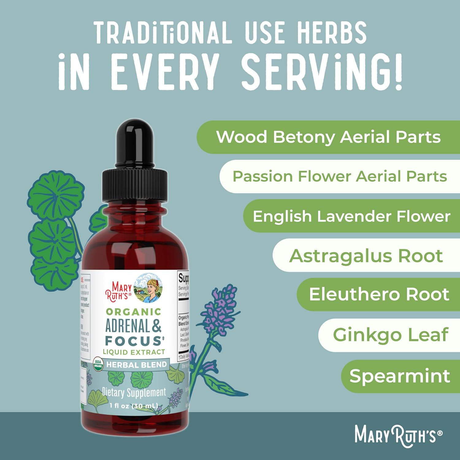 MaryRuth - USDA Organic Brain Nootropic Focus Supplement for Adults with Ginkgo Biloba & Astragalus | Focus & Adrenal Support | Brain and Memory Drops | Vegan | Non-GMO | Gluten Free | 30 Servings - Nirvana Guru