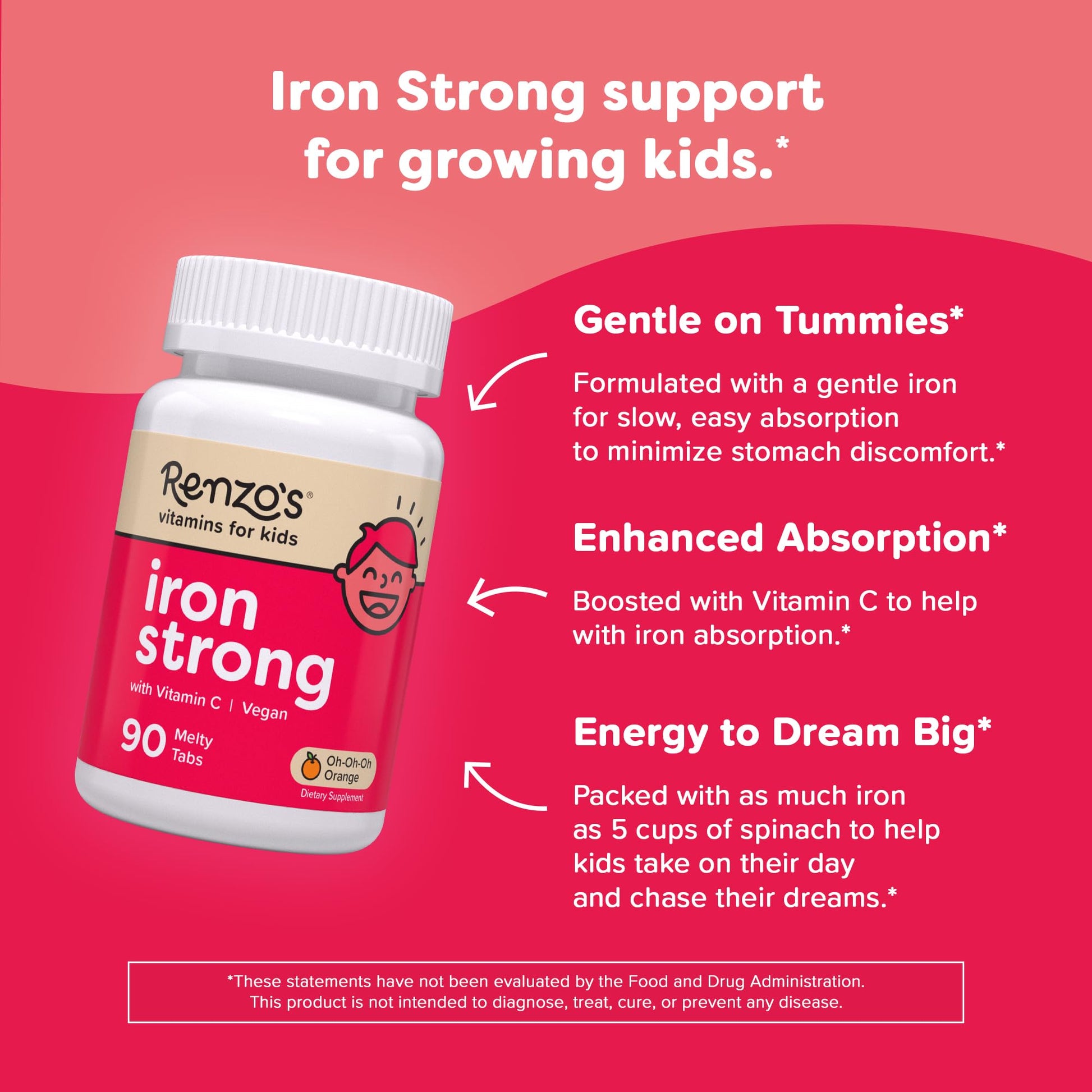 Renzo's Iron Supplements for Kids, Dissolvable Vegan Iron Supplement with Vitamin C, Sugar Free, Oh-Oh-Oh Orange Flavor, 90 Melty Tabs Nirvana Guru