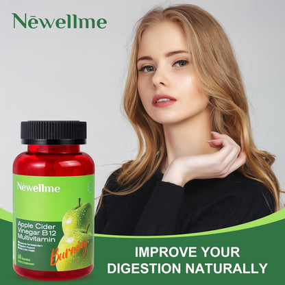 NEWELLME Apple Cider Vinegar Gummies B12 Multivitamin,ACV Supplement Gummy Vitamins,Non GMO, Vegetarian Supplement for Women & Men,Support Normal Energy Levels & Gut Health 30 Gummies (60)