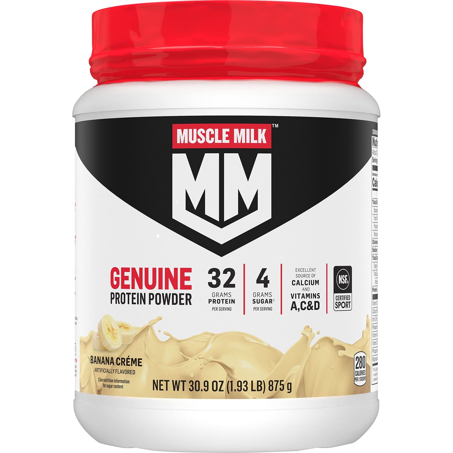 Muscle Milk Genuine Protein Powder, Chocolate, 1.93 Pounds, 13 Servings, 32g Protein, 2g Sugar, Calcium, Vitamins A, C & D, NSF Certified for Sport, Energizing Snack, Packaging May Vary Nirvana Guru