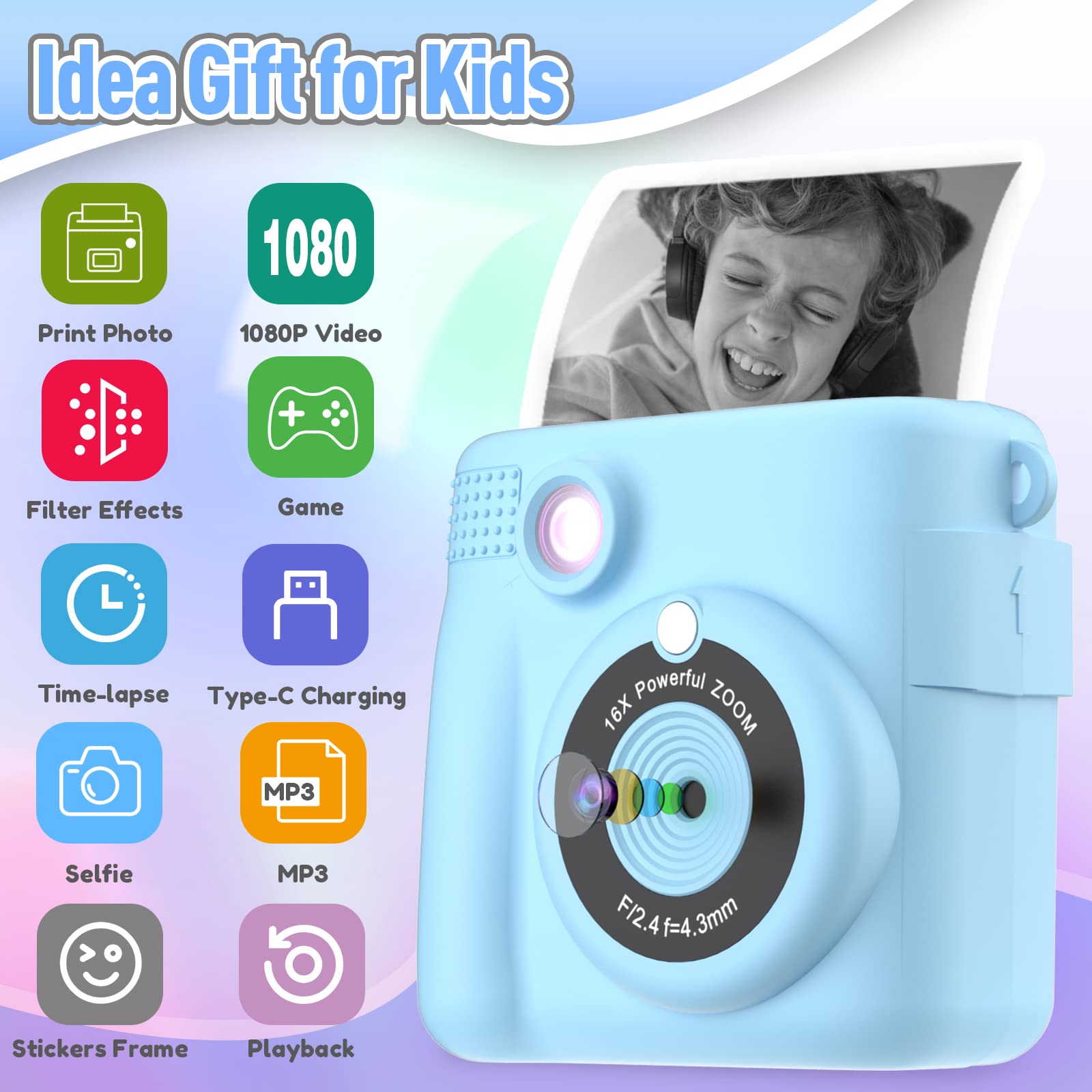 Kids Camera Instant Print, Christmas Birthday Gifts for Kids Age 3-12, Selfie Digital Camera with 1080P Videos,Toddler Portable Travel Cameras Toy for 4 5 6 7 8 9 Year Old Boys Girls-Blue Nirvana Guru
