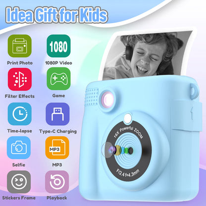 Kids Camera Instant Print, Christmas Birthday Gifts for Kids Age 3-12, Selfie Digital Camera with 1080P Videos,Toddler Portable Travel Cameras Toy for 4 5 6 7 8 9 Year Old Boys Girls-Blue Nirvana Guru