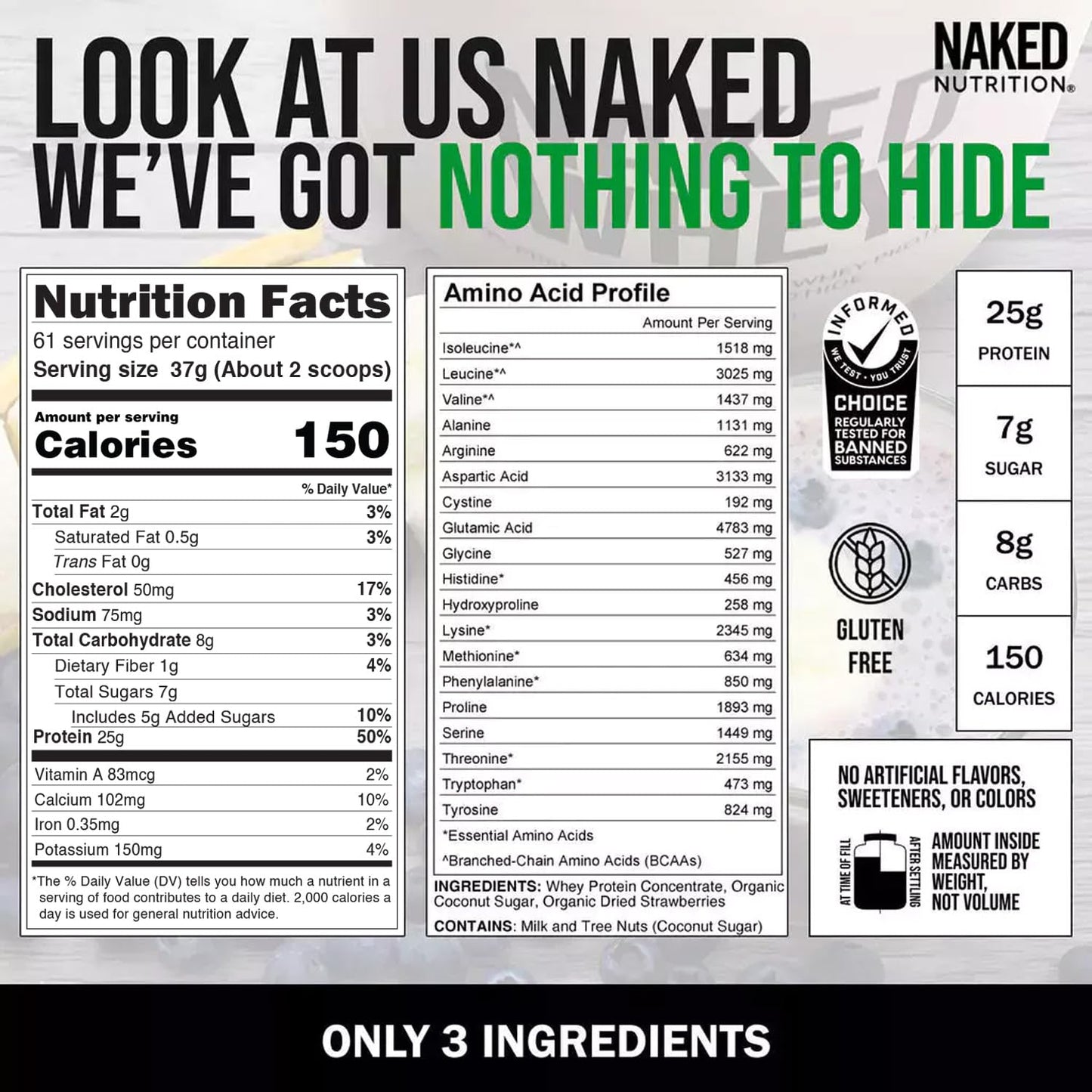 NAKED Whey Vanilla Protein Powder - Only 3 Ingredients - Grass Fed Whey Protein Powder, Vanilla Flavor, and Organic Coconut Sugar, No GMO, No Soy, and Gluten Free - 24 Servings