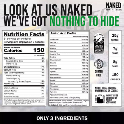 NAKED Whey Vanilla Protein Powder - Only 3 Ingredients - Grass Fed Whey Protein Powder, Vanilla Flavor, and Organic Coconut Sugar, No GMO, No Soy, and Gluten Free - 24 Servings