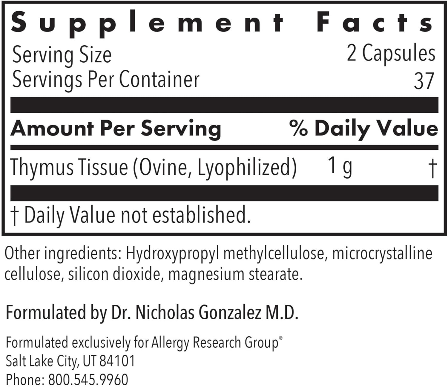 Allergy Research Group Thymus Supplement - Thymus Tissue, Glandular Extract, 1000mg Raw Thymus Glandular, Ovine, Lyophilized, Hypoallergenic - 75 Count Nirvana Guru