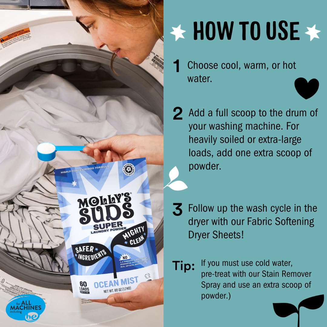 Molly's Suds Super Powder Detergent | Extra Strength Laundry Soap, Stain Fighting | Sensitive Skin | Simple, Effective Ingredients | 60 Loads - Lavender
