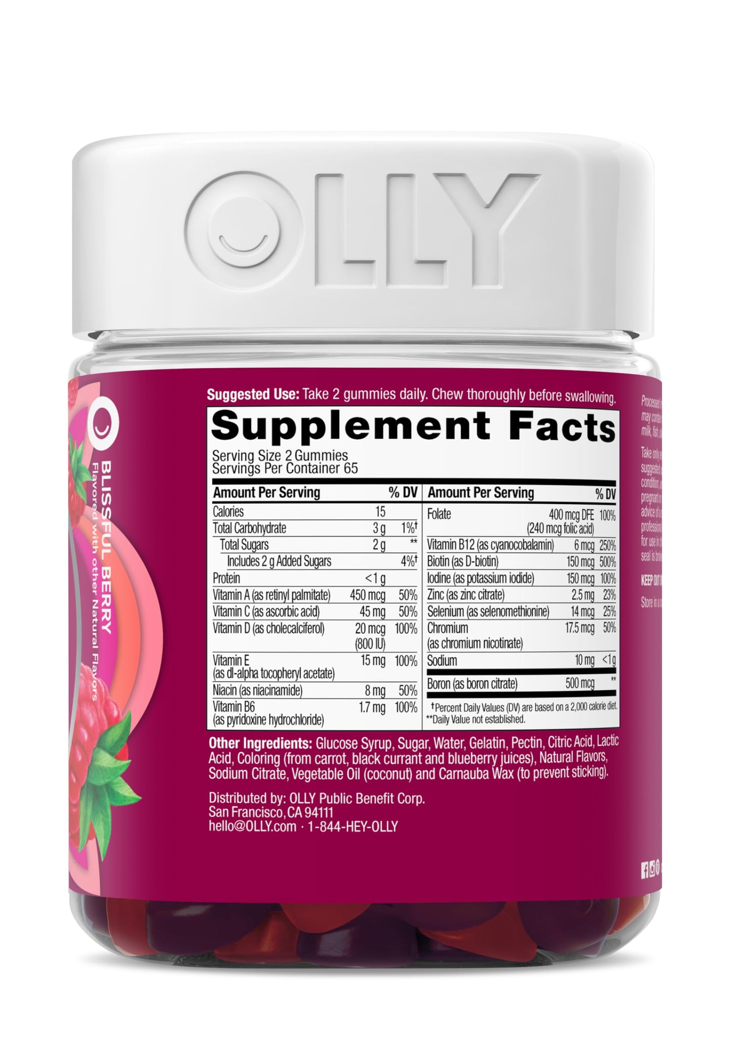 OLLY Women's Multivitamin Gummy, Vitamins A, D, C, E, Biotin, Folic Acid, Adult Chewable Vitamin, Berry Flavor, 45 Day Supply - 90 Count