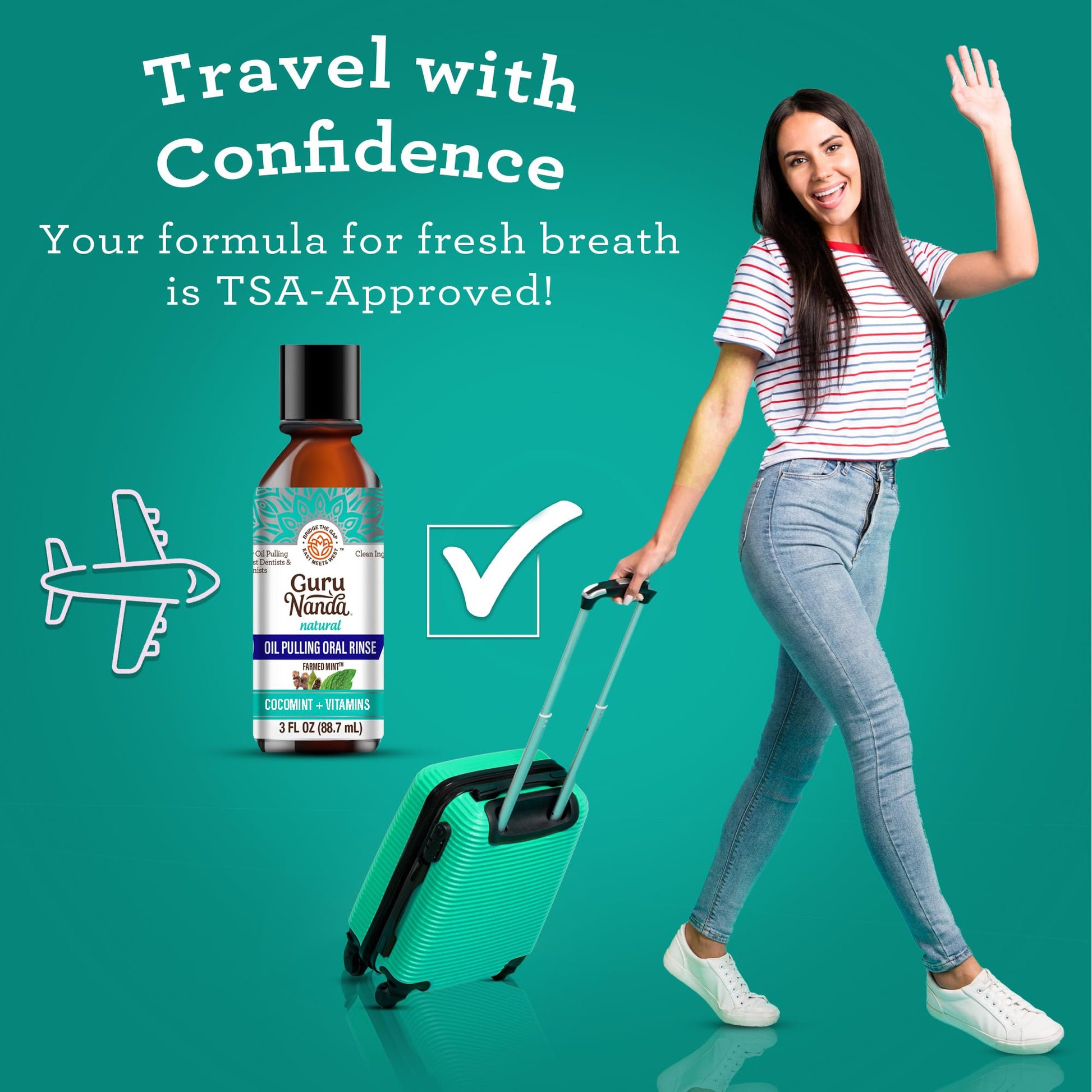 GuruNanda Travel Size CocoMint Oil Pulling Mouthwash, 7 Essential Oils & Vitamins, Promotes Fresh Breath & Happy Gums, No Alcohol & Fluoride, 3 oz Nirvana Guru