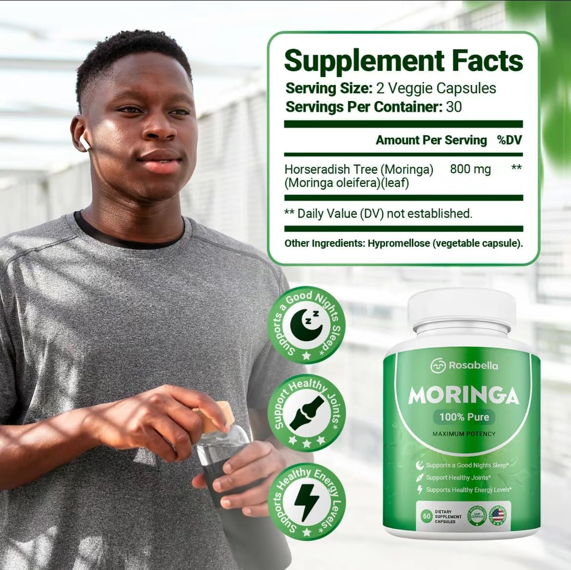 Rosabella Moringa Capsules - Pure Moringa Powder, Energy, Skin, Immune & Gut Health Superfood, Rich in Antioxidants, Essential Vitamins & Amino Acids, Natural Green Superfood Supplement - 60 Count