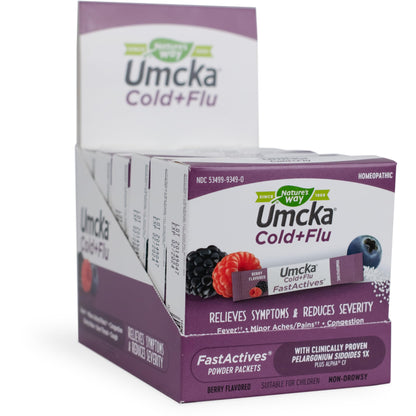 Nature's Way Cold + Flu Relief FastActives, Umcka, Homeopathic, Fever*, Sore Throat, Cough, Congestion, Body Aches*, Phenylephrine Free, Non-Drowsy, Berry Flavored, 10 Packets (Packaging May Vary) - Nirvana Guru