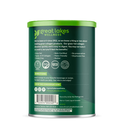 Great Lakes Wellness Collagen Peptides Powder for Skin, Hair, Nails, Joints & Digestion - Unflavored - Quick Dissolve Hydrolyzed, Non-GMO, Keto, Kosher - 16oz