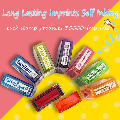 Teacher Stamps for Grading Classroom,Parent Signature Self-Inking Teacher Stamp Set School Supplies Stamps for Homework Reward with 8 pcs Classroom Supplies for School Elementary(Rainbow) nirvanaguru
