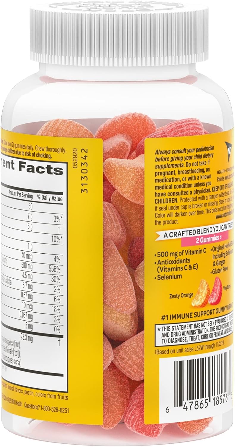 Airborne Vitamin C 500mg (per Serving) Kids Assorted Fruit Flavored Gummies (42 Count in a Bottle), Gluten-Free Immune Support Supplement with Vitamins A C E, Selenium, Echinacea & Ginger Nirvana Guru