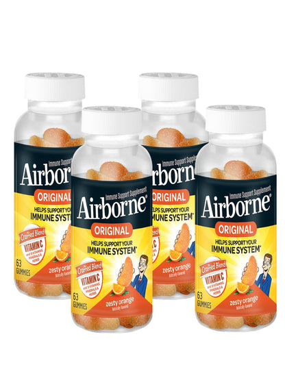 Airborne 750mg Vitamin C Immune Support Supplement Gummies for Adults, Zesty Orange Flavor, Gluten Free Crafted Blend with Powerful Antioxidants Vitamins A C & E, 63 Gummies (4 Pack) Nirvana Guru