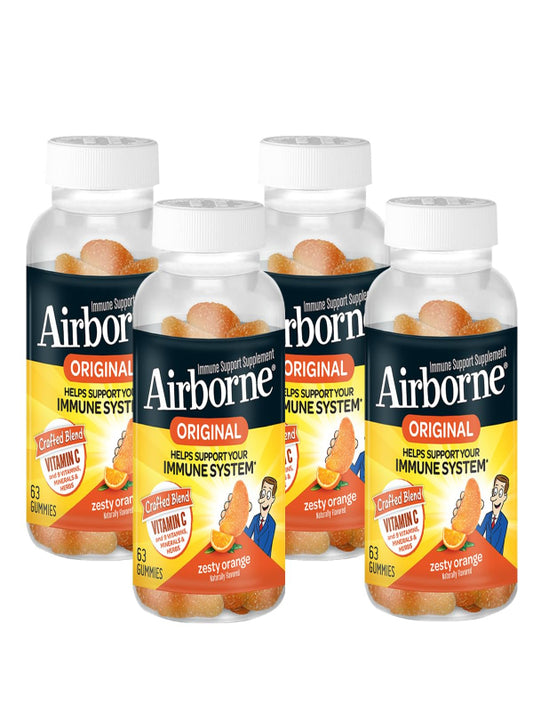 Airborne 750mg Vitamin C Immune Support Supplement Gummies for Adults, Zesty Orange Flavor, Gluten Free Crafted Blend with Powerful Antioxidants Vitamins A C & E, 63 Gummies (4 Pack) Nirvana Guru
