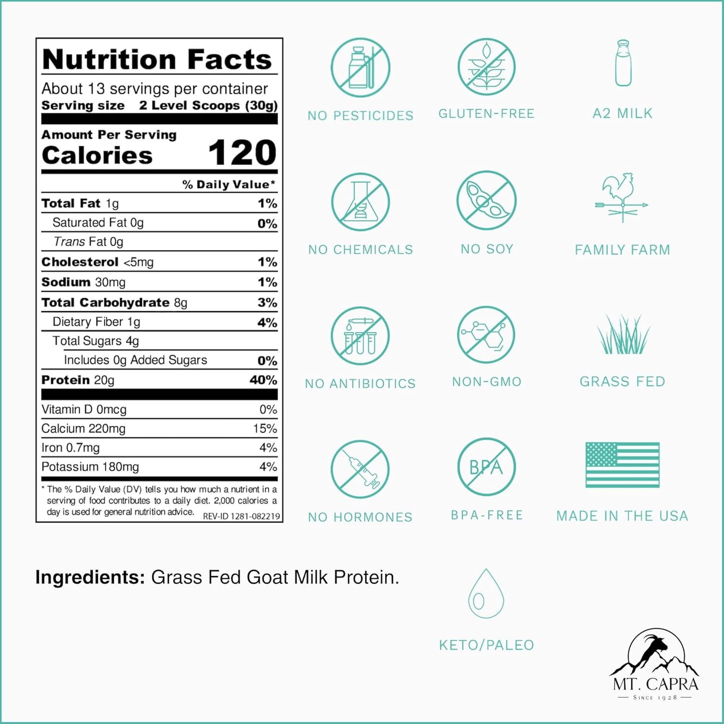 Mt. Capra Clean Whole Protein | Grass-Fed Goat Protein with Whey and Casein Protein | No Bloat, Build and Maintain Muscle, 20 g Protein per Serving, No Sweeteners | 13 Servings - 400 g - Nirvana Guru