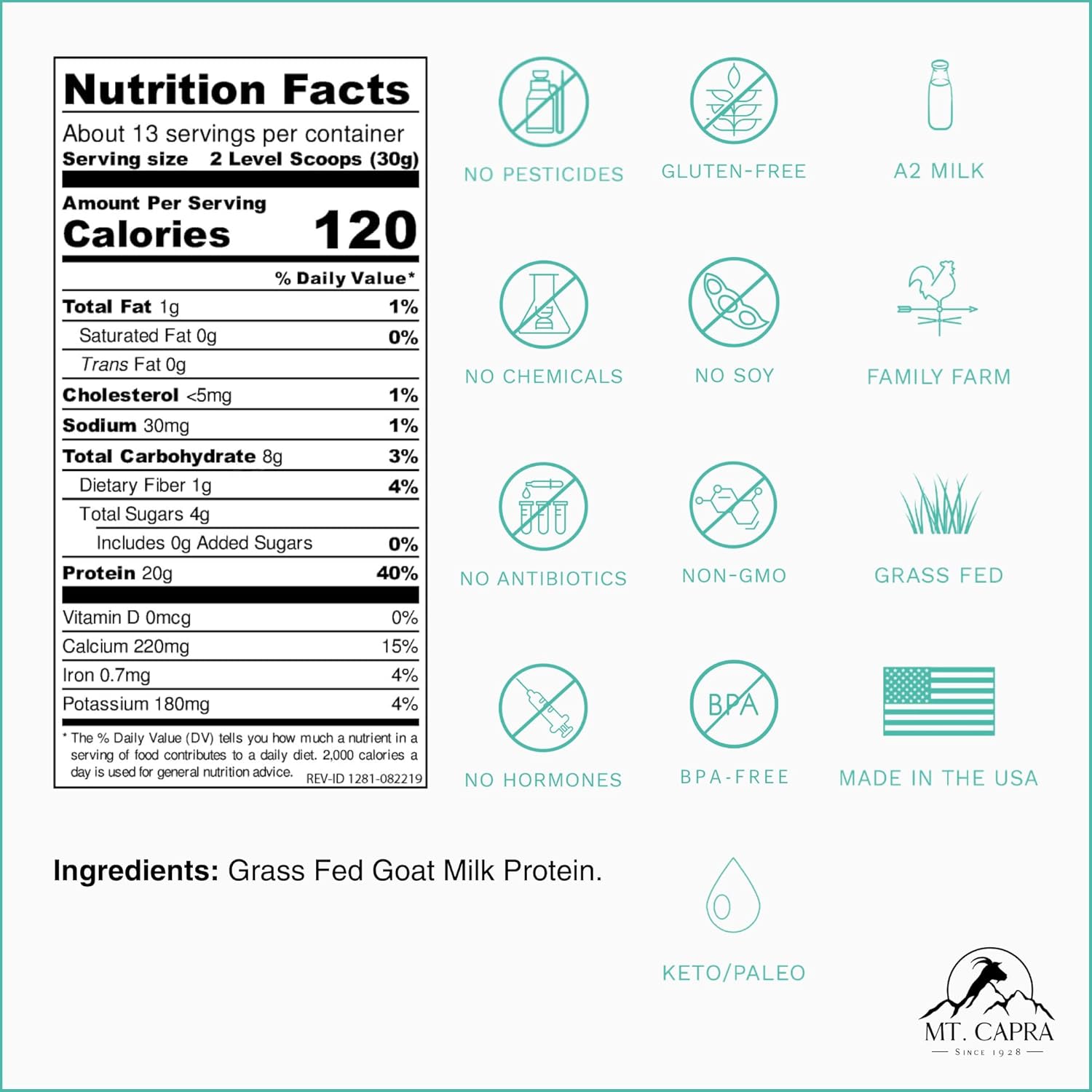 Mt. Capra Clean Whole Protein | Grass-Fed Goat Protein with Whey and Casein Protein | No Bloat, Build and Maintain Muscle, 20 g Protein per Serving, No Sweeteners | 13 Servings - 400 g - Nirvana Guru