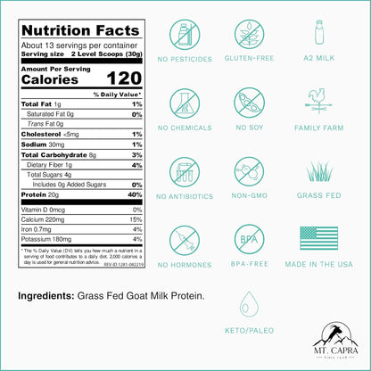 Mt. Capra Clean Whole Protein | Grass-Fed Goat Protein with Whey and Casein Protein | No Bloat, Build and Maintain Muscle, 20 g Protein per Serving, No Sweeteners | 13 Servings - 400 g - Nirvana Guru