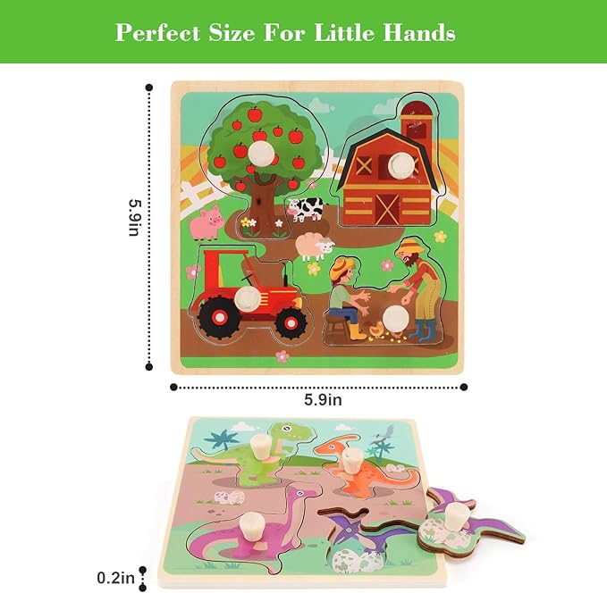 Wooden Peg Puzzles for Toddlers 1-3, Kids' Educational Preschool Peg Puzzle Toy, Set of 4 Toddler Puzzles - Farm, Dinosaur, Fruit and Marine Animals, Ideal Gift for Ages 1 2 3 Boys and Girls nirvanaguru