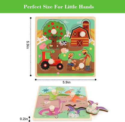 Wooden Peg Puzzles for Toddlers 1-3, Kids' Educational Preschool Peg Puzzle Toy, Set of 4 Toddler Puzzles - Farm, Dinosaur, Fruit and Marine Animals, Ideal Gift for Ages 1 2 3 Boys and Girls nirvanaguru