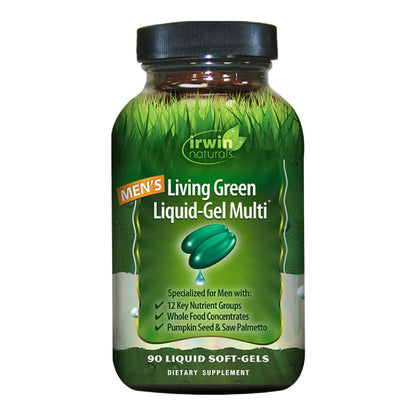 Irwin Naturals Men's Living Green Liquid-Gel Multi - 70 Essential Nutrients, Full-Spectrum Vitamins, Wholefood Blend - Targeted Adrenal & Brain Support - 120 Liquid Softgels - Nirvana Guru