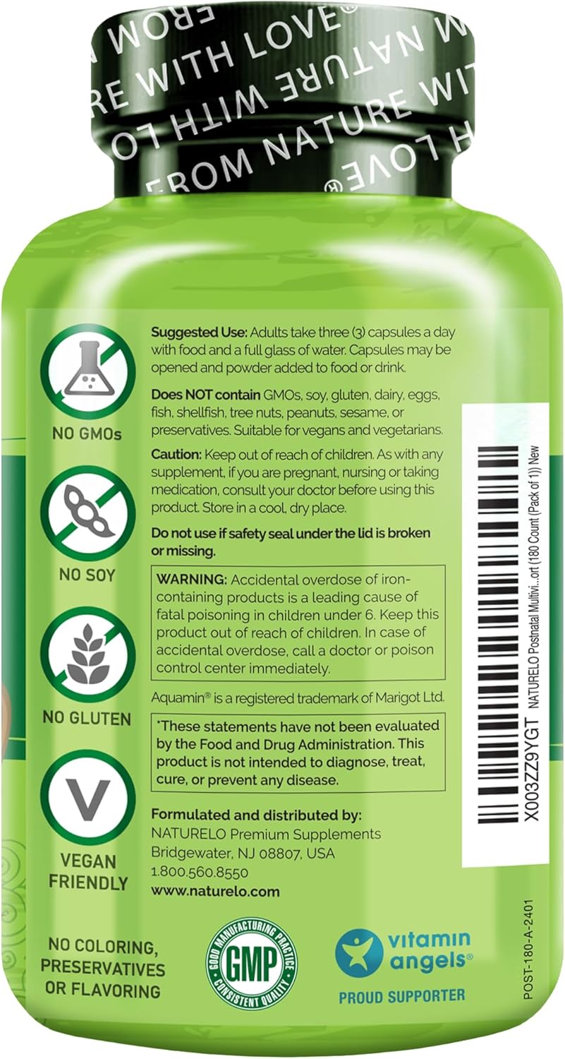 NATURELO Postnatal Multivitamin - Supplement for Breastfeeding Women - Plant-Based Vitamin D, Folate, Gentle Iron - for Nursing Mother, Baby - Post Natal Lactation Support 180 Capsules - Nirvana Guru