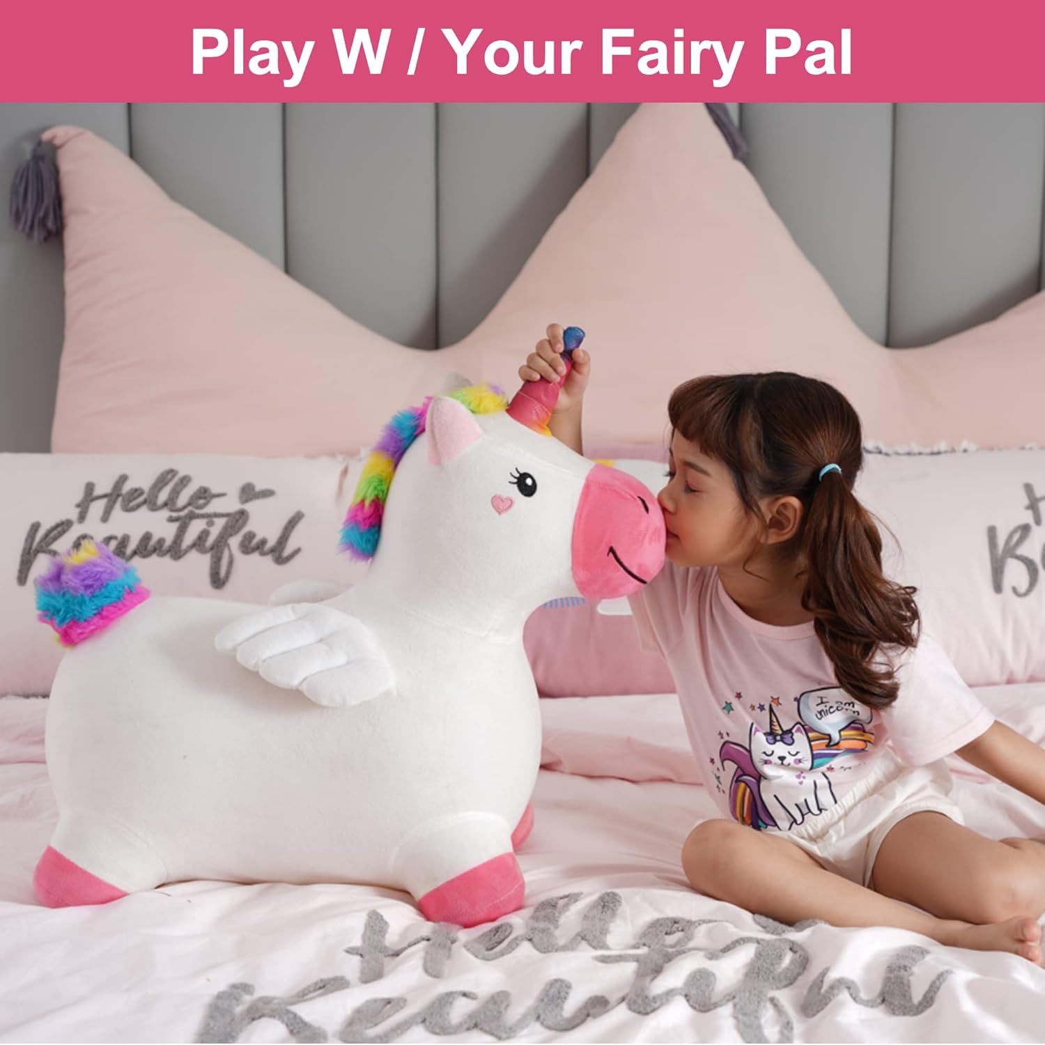 iPlay, iLearn Bouncy Pals Hopping Unicorn Horse, Toddler Girl Inflatable Bouncing Animal Hopper Toy, Outdoor Indoor Plush Ride on Bouncer, Baby Birthday Gift 18 Month 2 3 4 Year Old Kid - Unicorn Nirvana Guru
