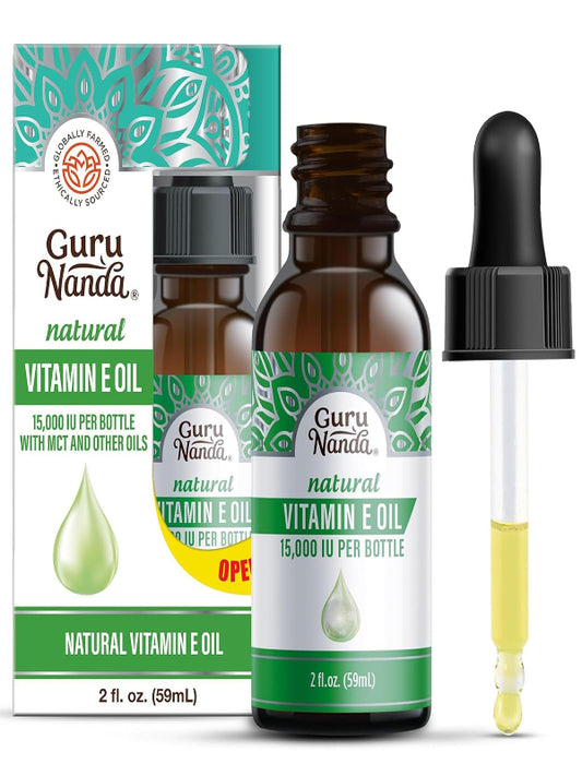 GuruNanda Vitamin E Oil, 2 Fl Oz Pure & Natural, 15,000 IU per Bottle, for Skin, Hair, Face, Nails & Scars, With Coconut Oil to Help Nourish & Moisture, Non-GMO & Vegan Nirvana Guru