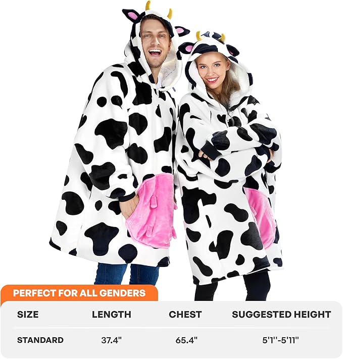 Giggling Getup Wearable Blanket Hoodie for Women and Men Sherpa Fleece Hooded Blanket Sweatshirt Warm Cozy Sherpa Wearable Throw Oversized Hoodie with Giant Pocket & Sleeves for Adult Cow nirvanaguru