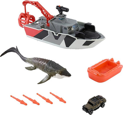 Mattel Matchbox Toy Car Playset, Jurassic World 12.5” Dino Boat with 13” Mosasaurus Dinosaur, 1:64 Die-Cast Jeep, Harpoon Missiles & Detachable Rescue Boat Nirvana Guru