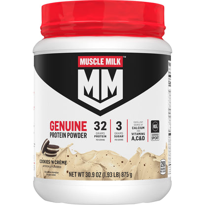 Muscle Milk Genuine Protein Powder, Chocolate, 1.93 Pounds, 13 Servings, 32g Protein, 2g Sugar, Calcium, Vitamins A, C & D, NSF Certified for Sport, Energizing Snack, Packaging May Vary Nirvana Guru