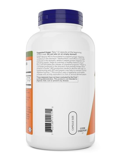 NOW Foods Supplements, Betaine HCl 648 mg, Vegetarian Formula, Digestive Support*, 120 Veg Capsules - Nirvana Guru