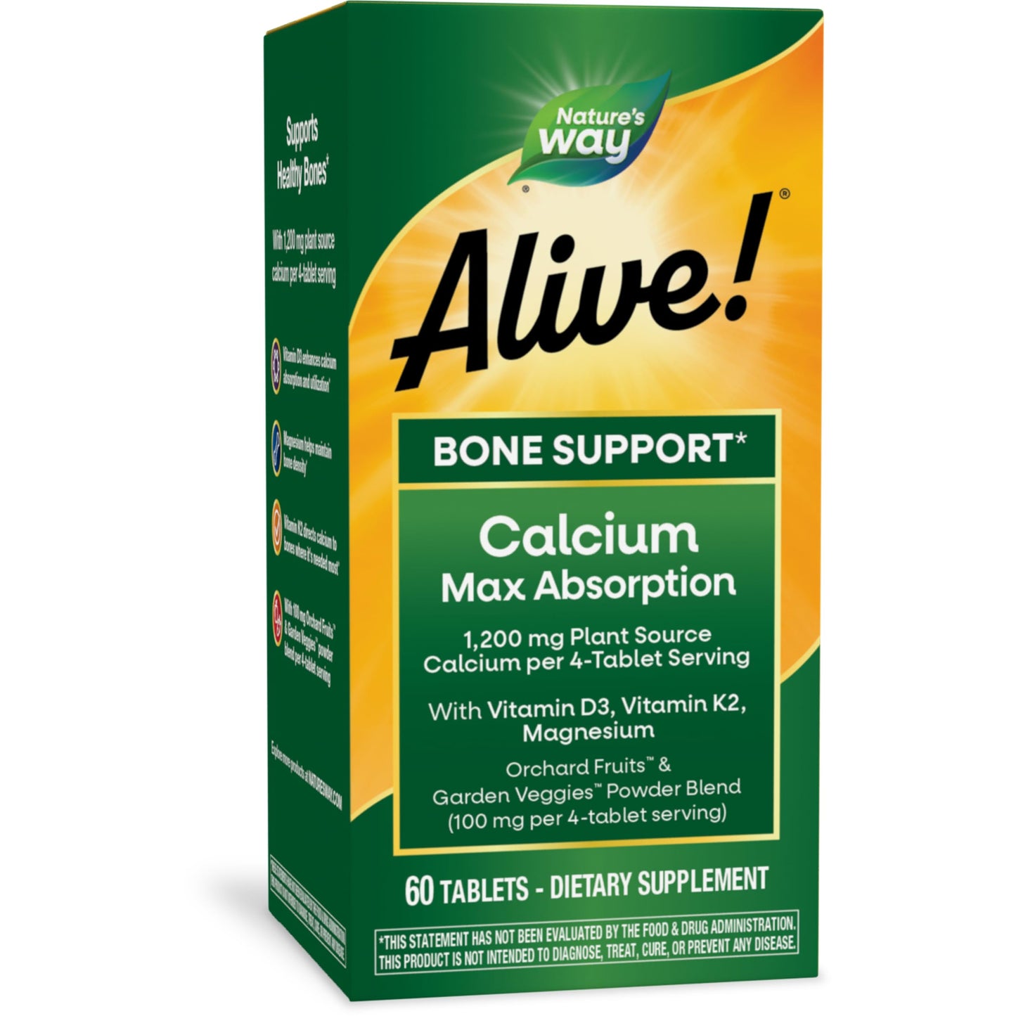 Nature's Way Alive! Calcium Max Absorption, Bone Support*, Plant Source Calcium, Vitamin D3 & K2, Magnesium, 120 Tablets (Packaging May Vary) - Nirvana Guru