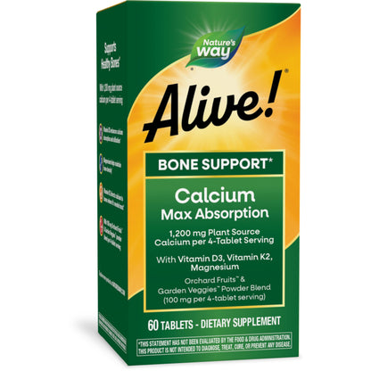 Nature's Way Alive! Calcium Max Absorption, Bone Support*, Plant Source Calcium, Vitamin D3 & K2, Magnesium, 120 Tablets (Packaging May Vary) - Nirvana Guru
