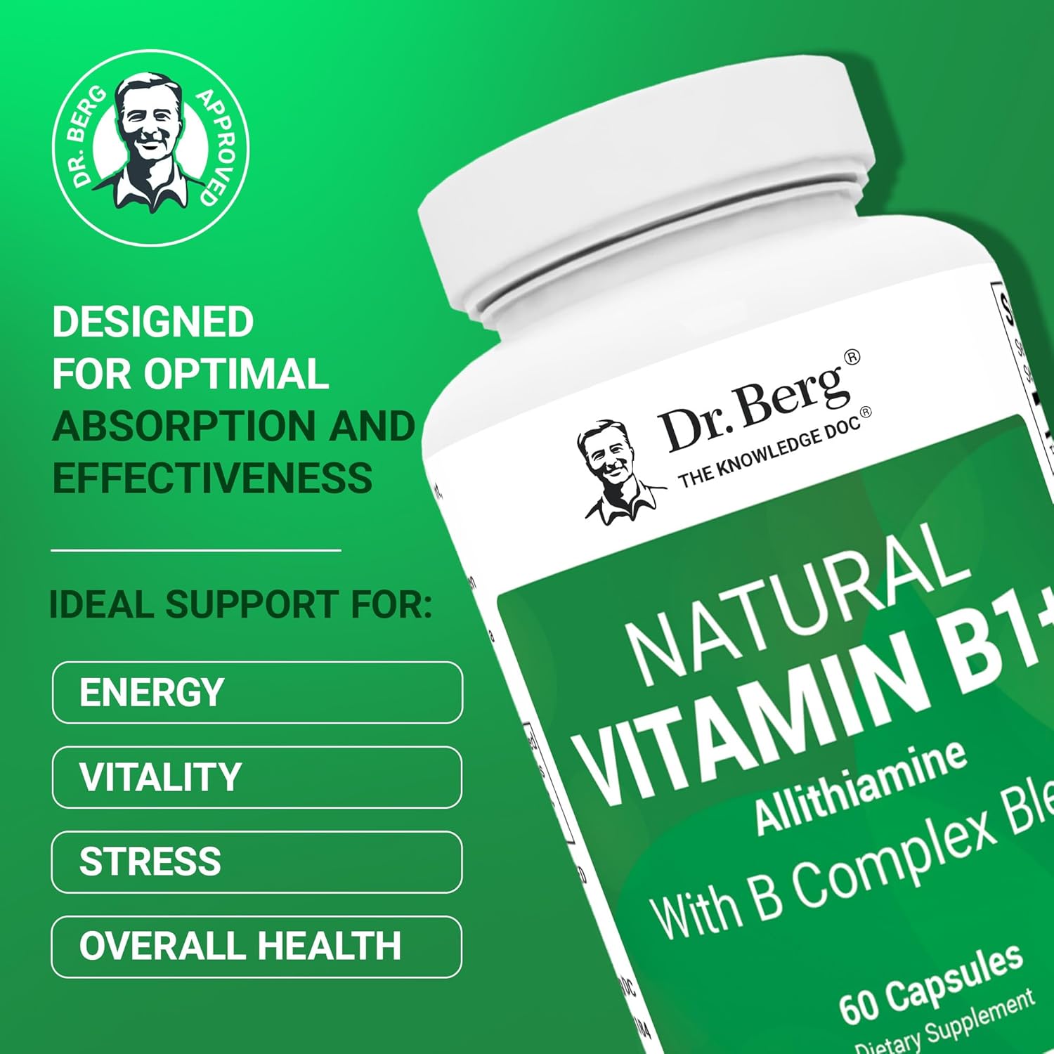 Dr. Berg Natural Vitamin B1 B6 B12 Complex - Allithiamine Vitamin B1 Supplement with 8 Essential Vitamin B Complex for Men & Women Including Thiamin, Niacin, Folate, Magnesium & More - 60 Capsules - Nirvana Guru