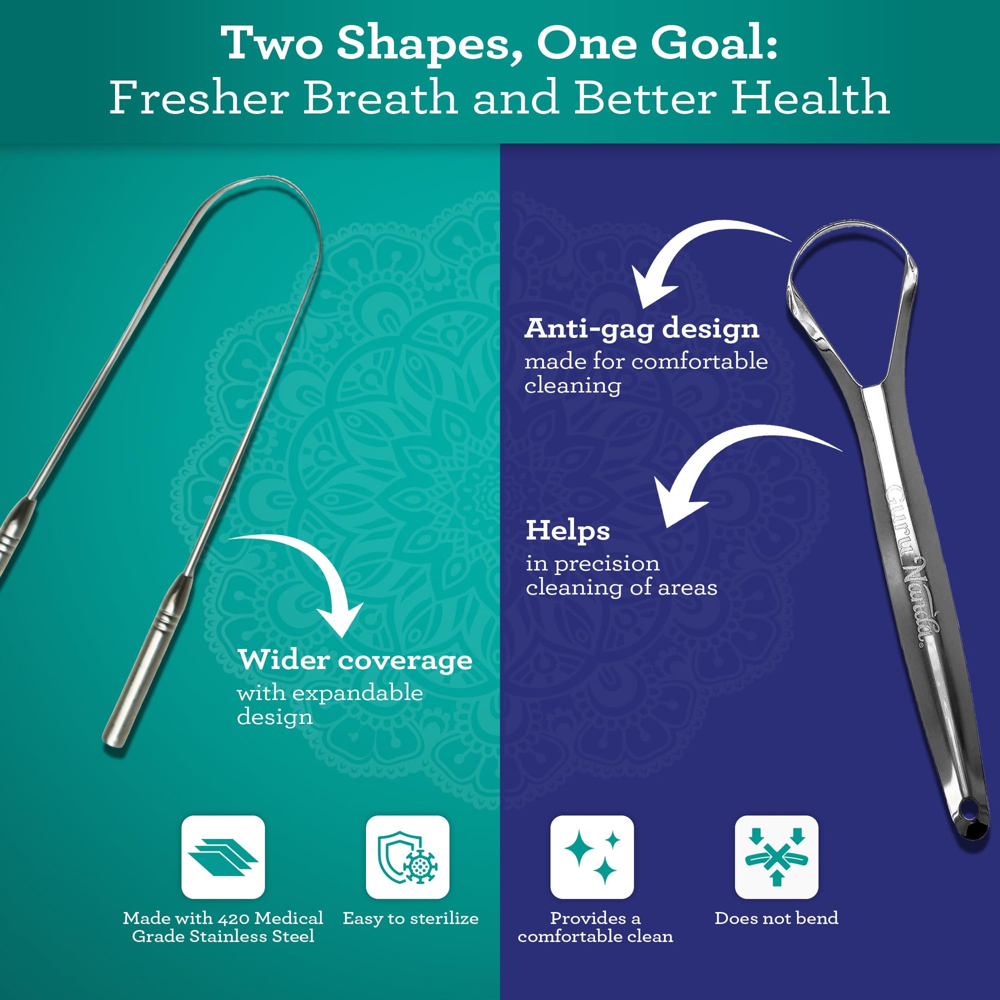 GuruNanda Tongue Scraper for Adults (2 Pack) with Travel Case, 420 Medical-Grade 100% Stainless Steel Tongue Cleaner, Aids in Fresh Breath & Oral Care Nirvana Guru