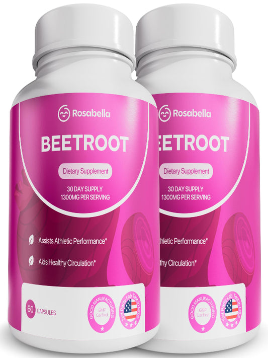 Rosabella Organic Beet Root Capsules – 1300mg Beetroot Powder for Natural Energy & Endurance Support, Non-GMO, Lab-Tested Beet Supplement - 60 Capsules, 30-Day Supply