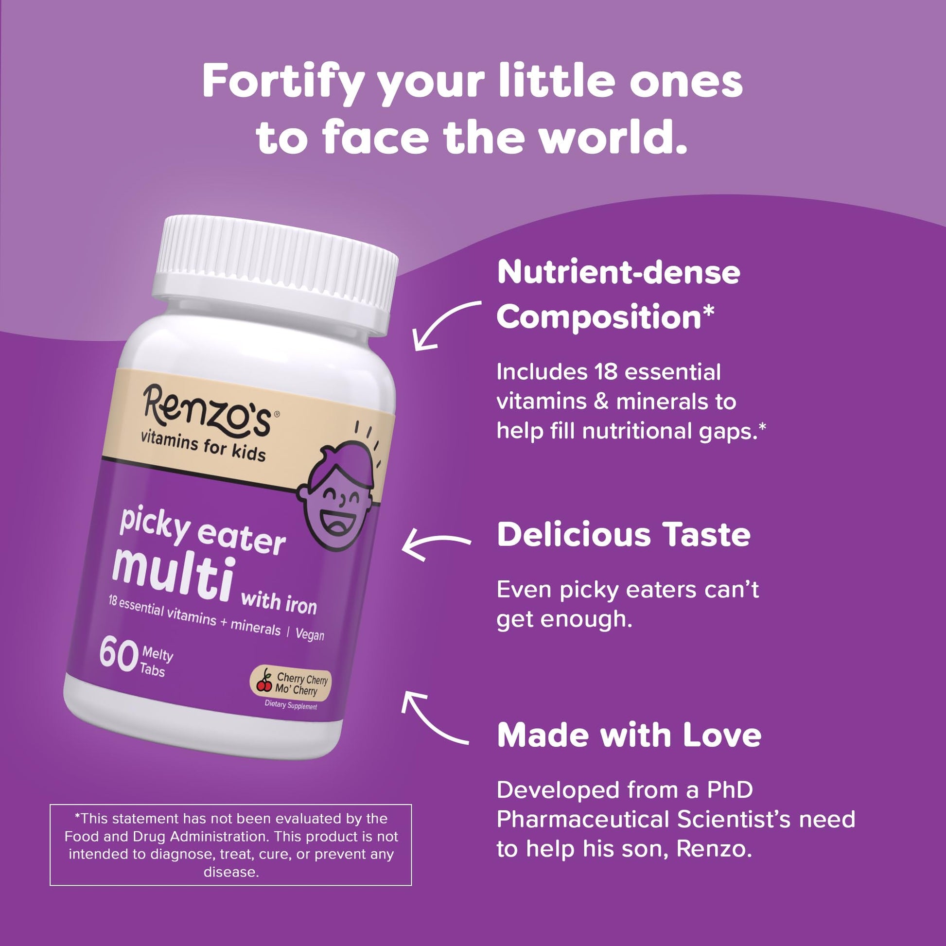 Renzo's Picky Eater Kids Multivitamin with Iron, Dissolving Kids Vitamins with Vitamin D3 and K2 and More, 60 Sugar-Free Melty Tabs, Lil’ Green Apple Flavored Nirvana Guru