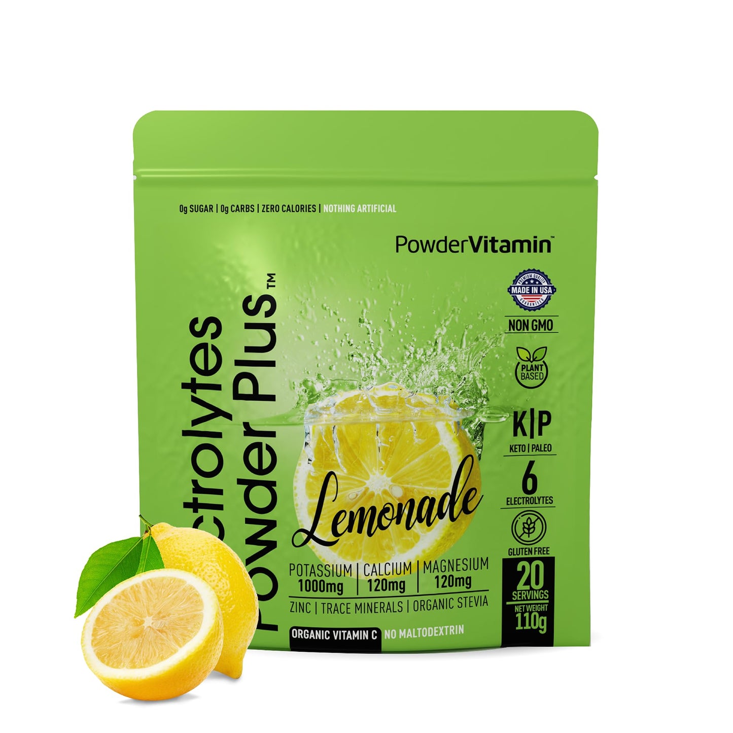 PowerVitamin Lemonade Electrolytes Powder No Sugar for Daily Energy - Keto Electrolytes - Hydration Powder with 1000mg Potassium, 120mg Calcium, Magnesium, Organic Vitamin C, 100 Servings