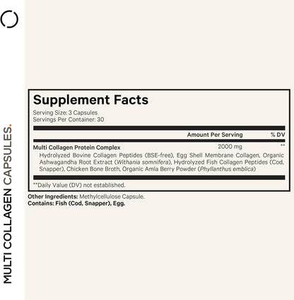 Codeage Multi Collagen Peptides Protein Capsules, 5 Collagen Types, Grass-Fed & Hydrolyzed Bovine Collagen Pills Supplement, Ashwagandha, Amla Berry Vitamins, Collagen Peptides - 90 Capsules - Nirvana Guru