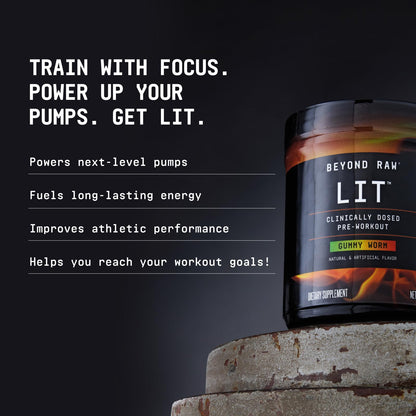 BEYOND RAW LIT Pre Workout Powder Supplement for Men and Women, Energy, Focus, Endurance, Pumps, Nitric Oxide Boost, 250mg Caffeine, Creatine, Beta Alanine, Gummy Worm, 30 Servings Nirvana Guru