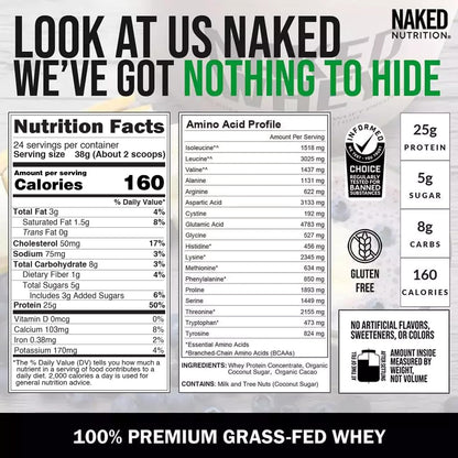 NAKED Whey Vanilla Protein Powder - Only 3 Ingredients - Grass Fed Whey Protein Powder, Vanilla Flavor, and Organic Coconut Sugar, No GMO, No Soy, and Gluten Free - 24 Servings