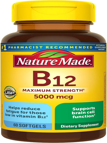 Nature Made Maximum Strength Vitamin B12 5000 mcg, Dietary Supplement for Energy Metabolism Support, 60 Softgels, 60 Day Supply - Nirvana Guru