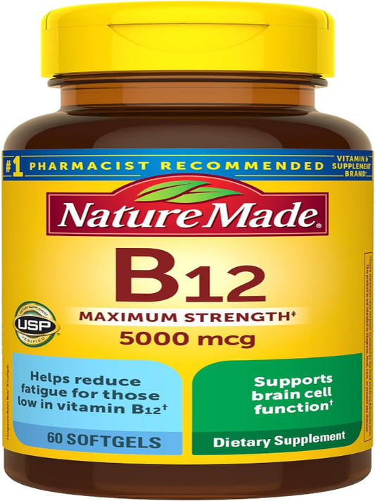 Nature Made Maximum Strength Vitamin B12 5000 mcg, Dietary Supplement for Energy Metabolism Support, 60 Softgels, 60 Day Supply - Nirvana Guru