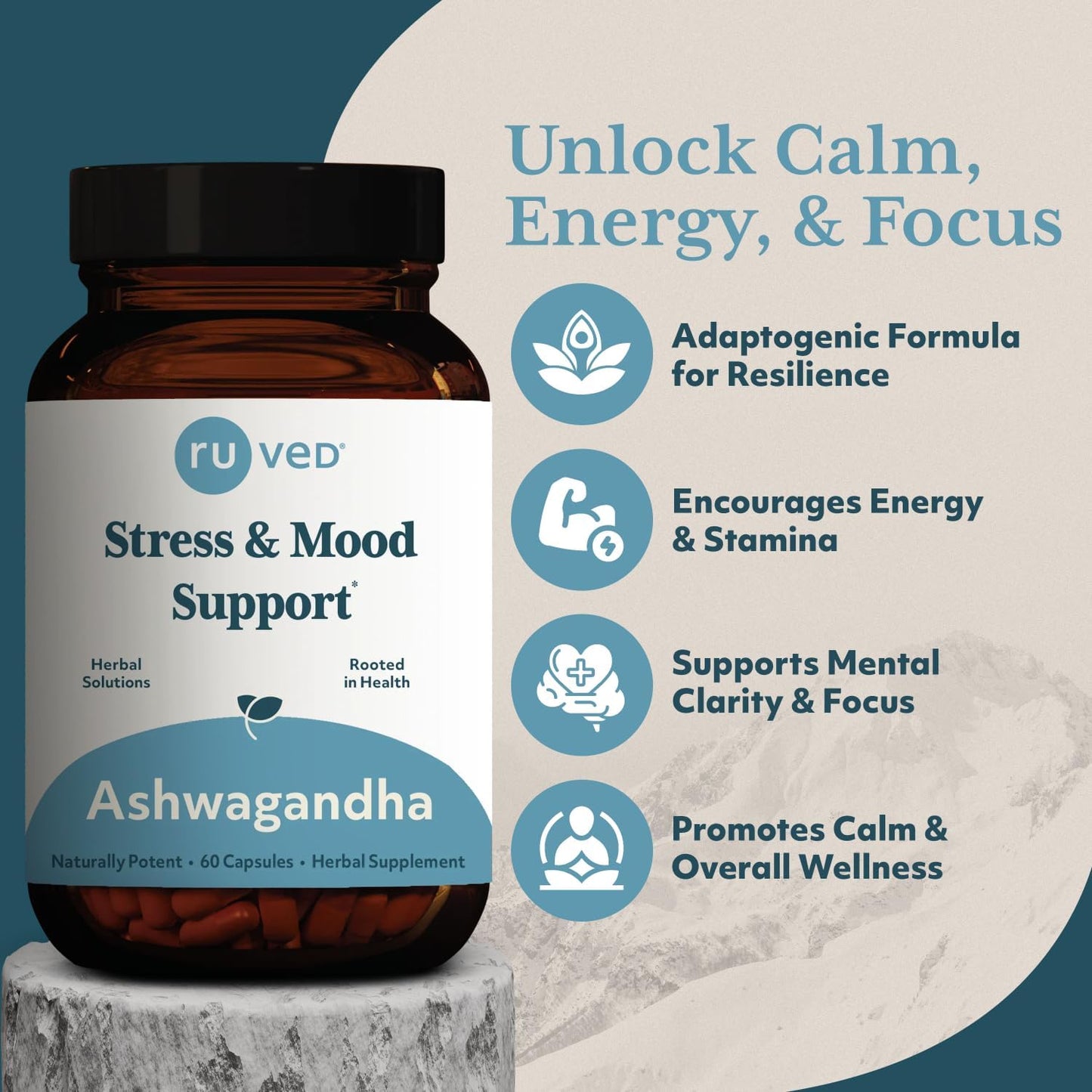 RU Ved Ashwagandha Ayurvedic Supplement Stress and Mood Support (60 Capsules) Nirvana Guru
