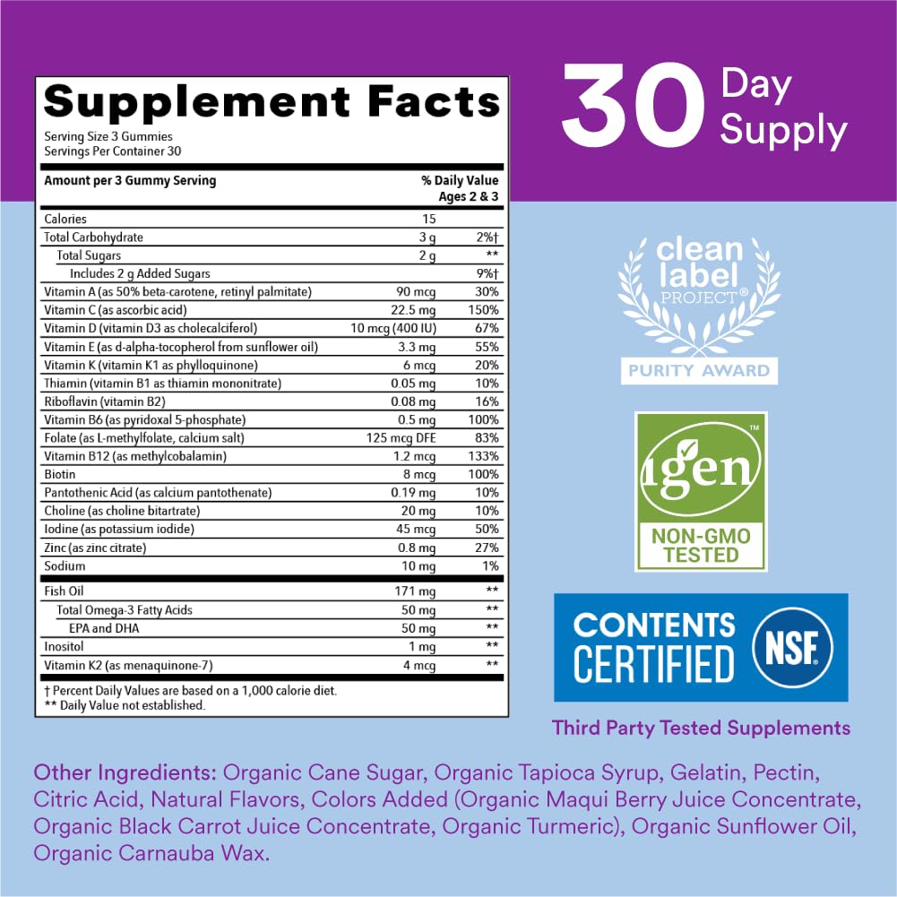SmartyPants Toddler Multivitamin Gummies - Improved Formula: Omega 3 (DHA/EPA), Vitamins D3, C, Vitamin B12, B6, A, K & Zinc, Biotin, Gluten Free, Three Fruit Flavors, 60 Count (30 Day Supply) Nirvana Guru