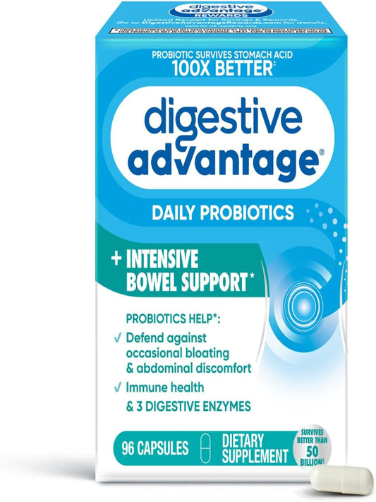 Digestive Advantage IBS Probiotics For Women and Men, Probiotics For Digestive Health & Intensive Bowel Support with Digestive Enzymes For Gut Health, Occasional Bloating & Immune Support, 96 Capsules Nirvana Guru