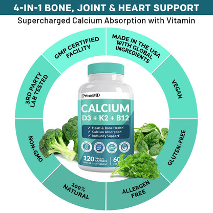 4-in-1 Calcium 1200mg with Vitamin D3 - Calcium Supplement for Women and Men with Vitamin K2 B12 5000 IU - Extra Strength Calcium Citrate for Bone and Heart Support (120ct) Nirvana Guru