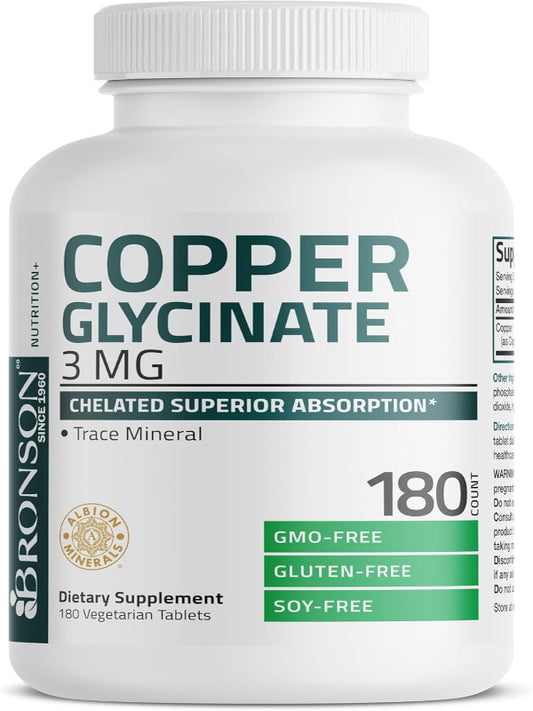 Bronson Copper Glycinate 3mg Chelated Superior Absorption Non-GMO, 180 Vegetarian Tablets Nirvana Guru