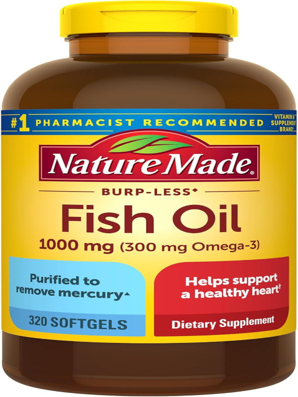 Nature Made Burp Less Fish Oil Omega 3 Supplements, 1000mg Softgels, Omega 3 Fish Oil Supplements for Healthy Heart Support, 320 Softgels, 160 Day Supply - Nirvana Guru